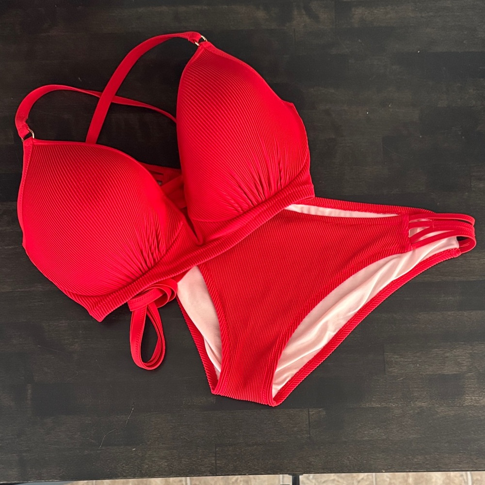 Shade & Shore Red Ribbed Push-Up Bikini Set